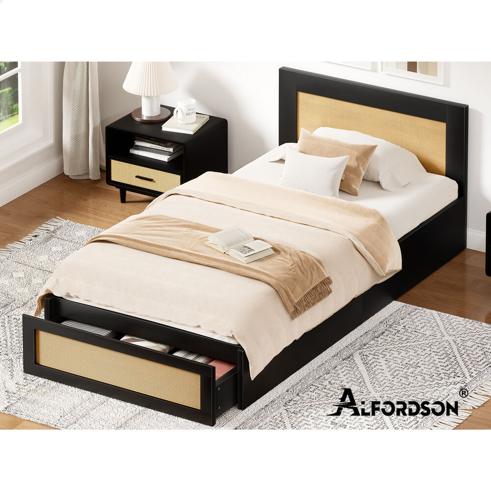 ALFORDSON Wooden Bed Frame Single Size Rattan Bed Base with Storage Drawer Black