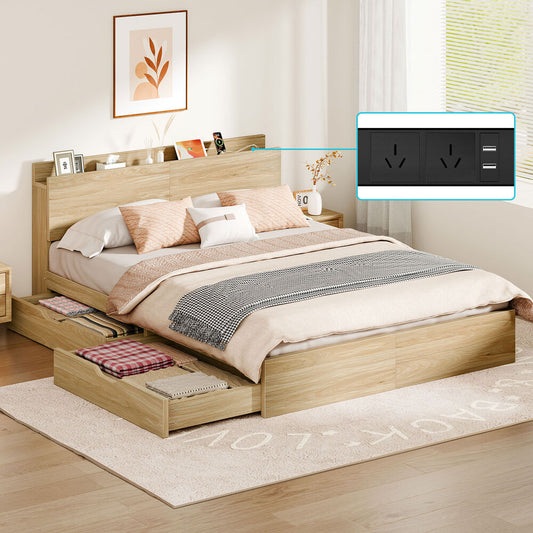 ALFORDSON Wooden Bed Frame Double Size with Charging Station & 2 Storage Drawers