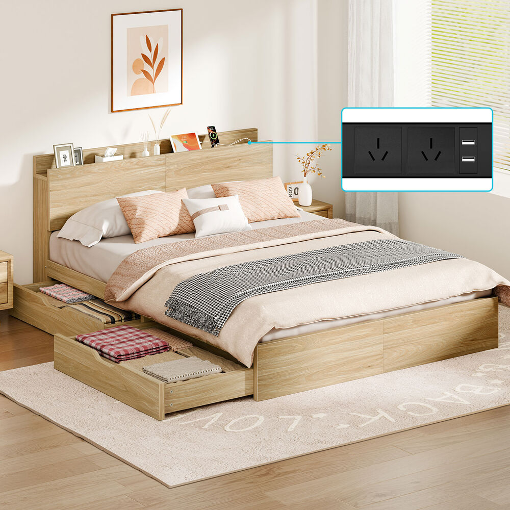 ALFORDSON Wooden Bed Frame Double Size with Charging Station & 2 Storage Drawers