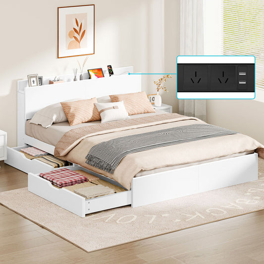 ALFORDSON Wooden Bed Frame Double Size with Charging Station & 2 Drawers White