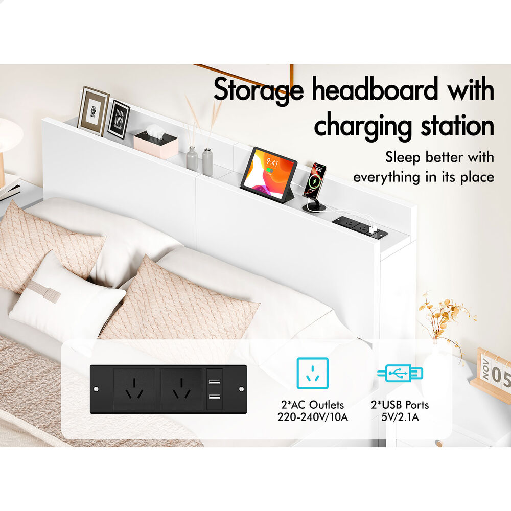 ALFORDSON Wooden Bed Frame Double Size with Charging Station & 2 Drawers White