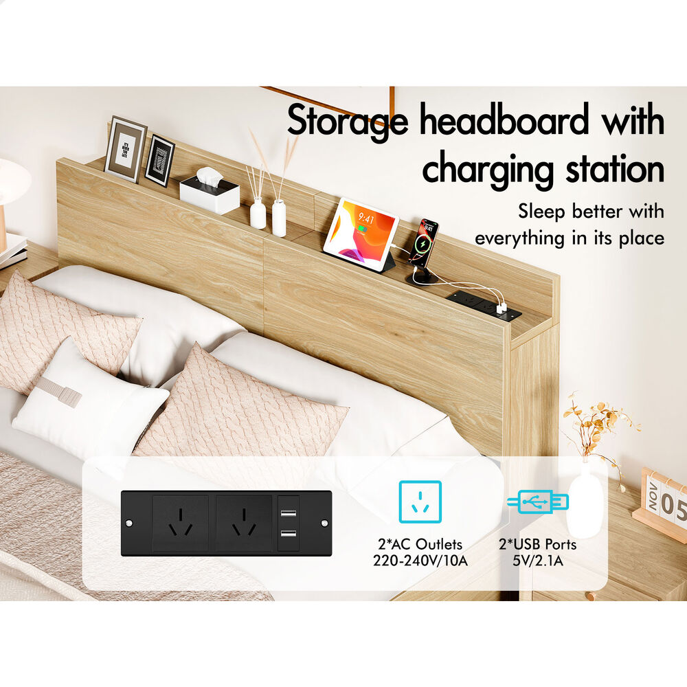 ALFORDSON Wooden Bed Frame King Size with Charging Station & 2 Storage Drawers