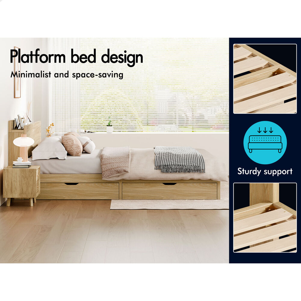 ALFORDSON Wooden Bed Frame King Size with Charging Station & 2 Storage Drawers