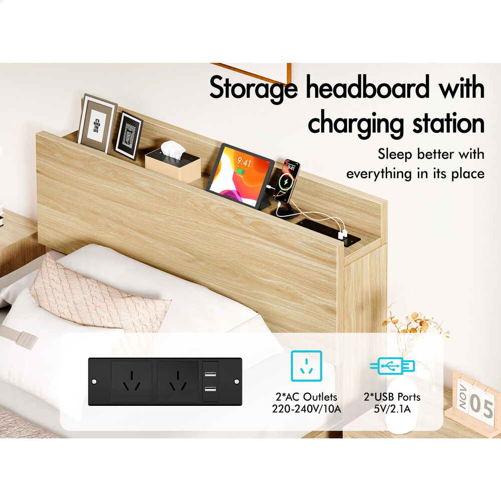 ALFORDSON Wooden Bed Frame King Single with Charging Station & 2 Storage Drawers