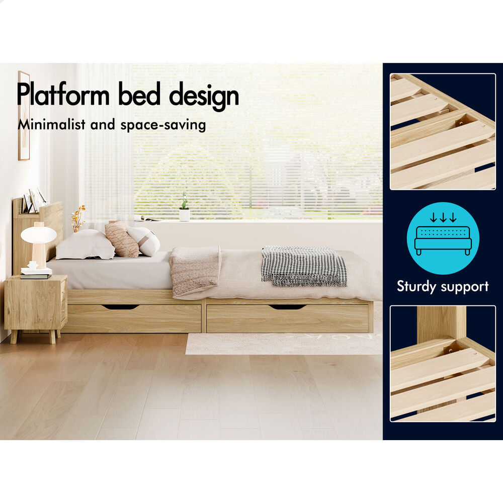 ALFORDSON Wooden Bed Frame King Single with Charging Station & 2 Storage Drawers