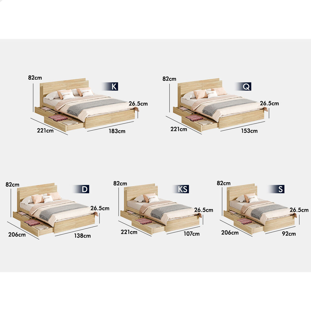 ALFORDSON Wooden Bed Frame King Single with Charging Station & 2 Storage Drawers