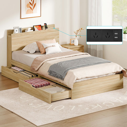 ALFORDSON Wooden Bed Frame King Single with Charging Station & 2 Storage Drawers