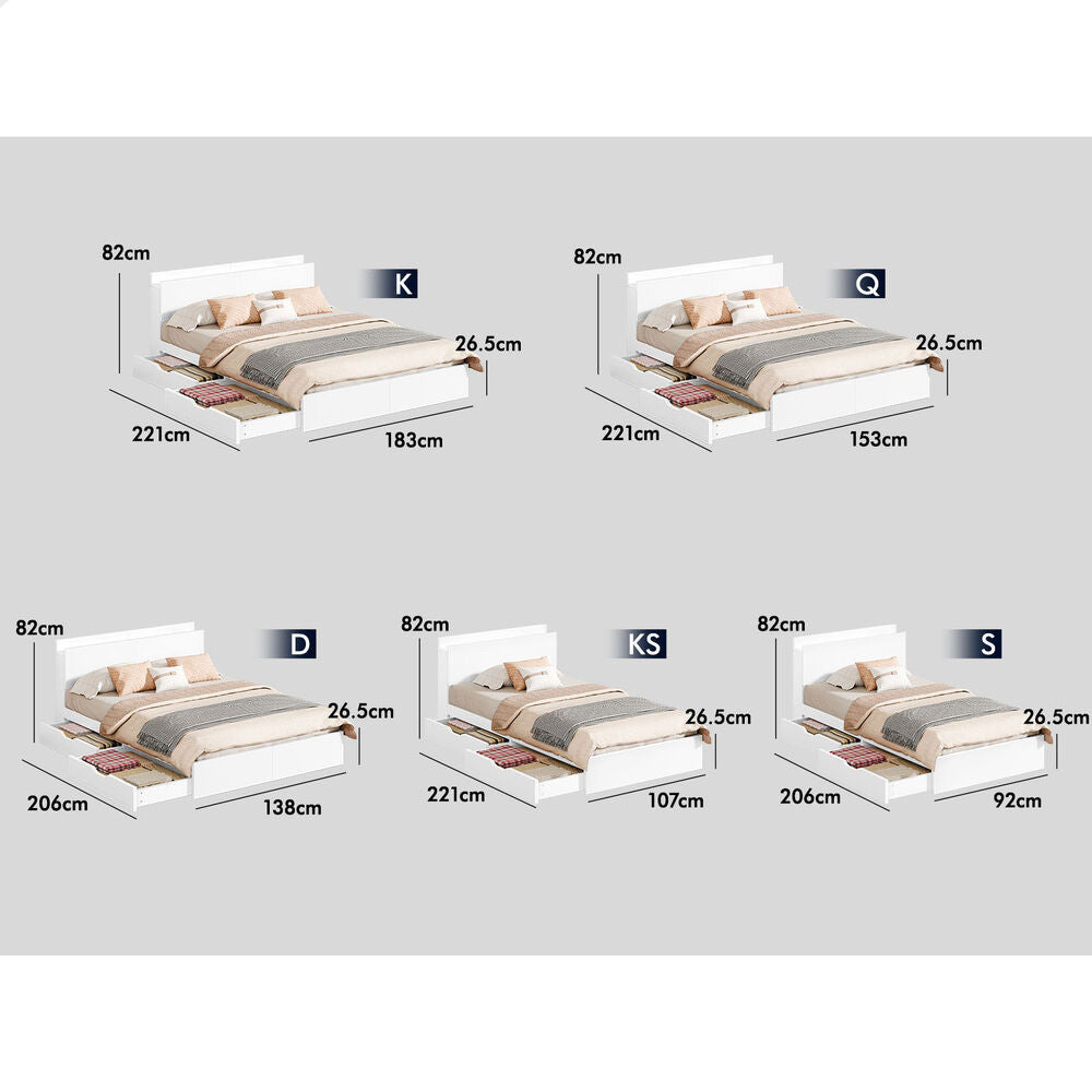 ALFORDSON Wooden Bed Frame King Single with Charging Station & 2 Drawers White