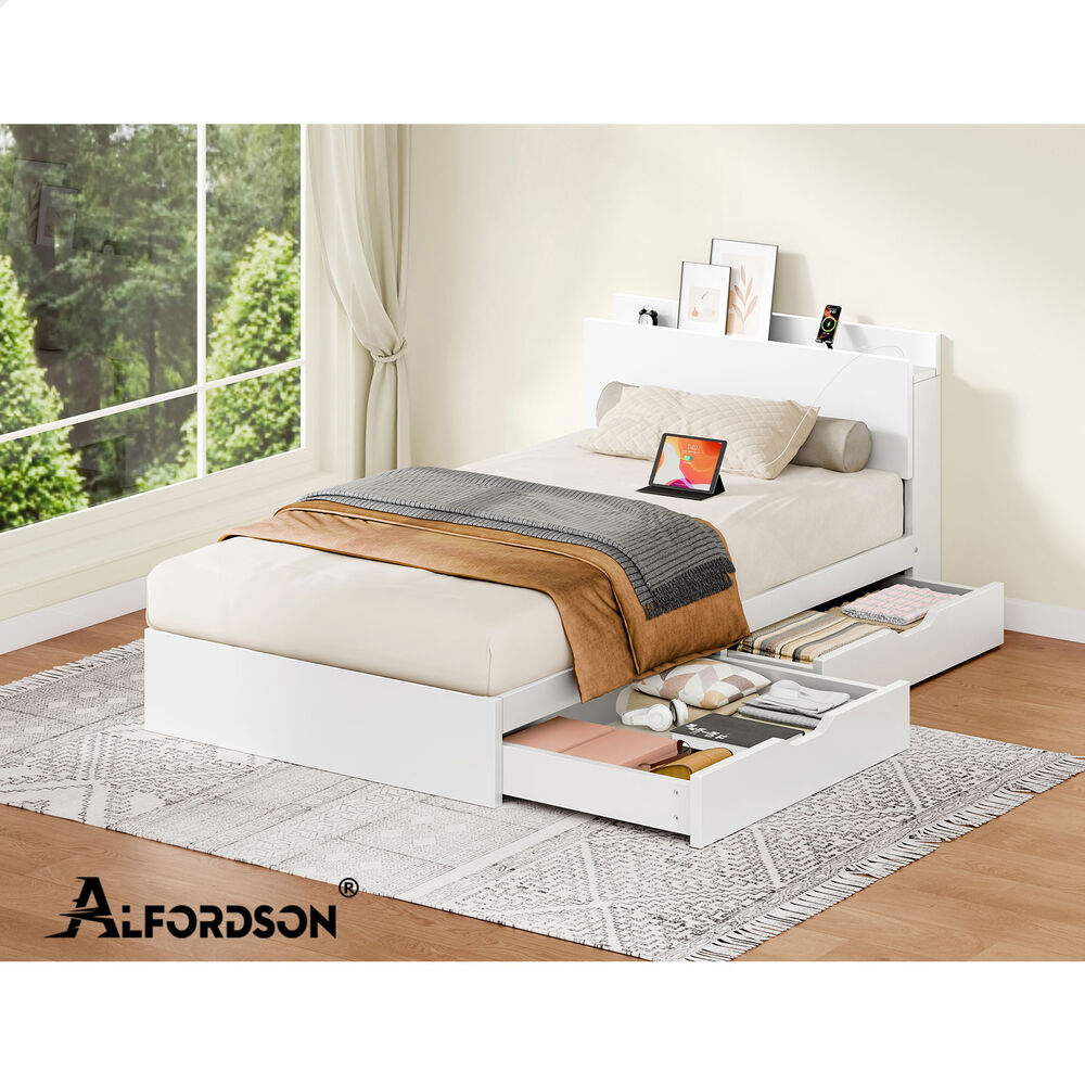 ALFORDSON Wooden Bed Frame King Single with Charging Station & 2 Drawers White