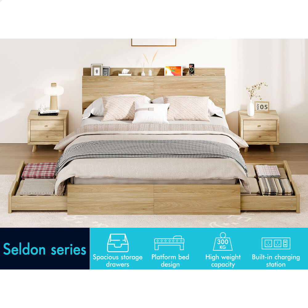 ALFORDSON Wooden Bed Frame Queen Size with Charging Station & 2 Storage Drawers