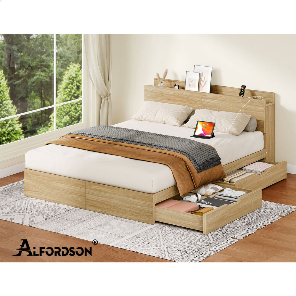 ALFORDSON Wooden Bed Frame Queen Size with Charging Station & 2 Storage Drawers