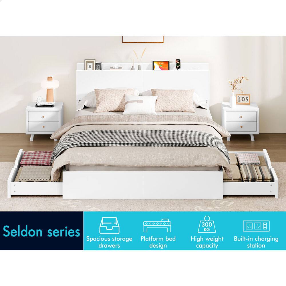 ALFORDSON Wooden Bed Frame Queen Size with Charging Station & 2 Drawers White