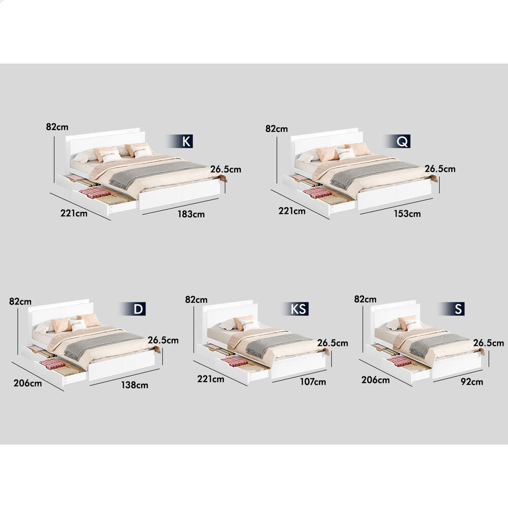 ALFORDSON Wooden Bed Frame Queen Size with Charging Station & 2 Drawers White