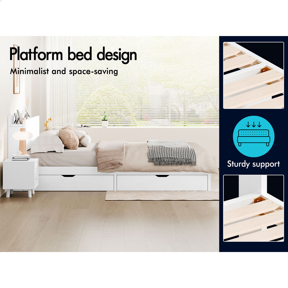 ALFORDSON Wooden Bed Frame Queen Size with Charging Station & 2 Drawers White