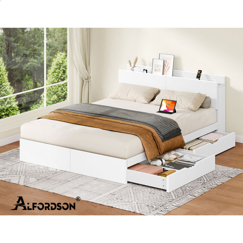 ALFORDSON Wooden Bed Frame Queen Size with Charging Station & 2 Drawers White
