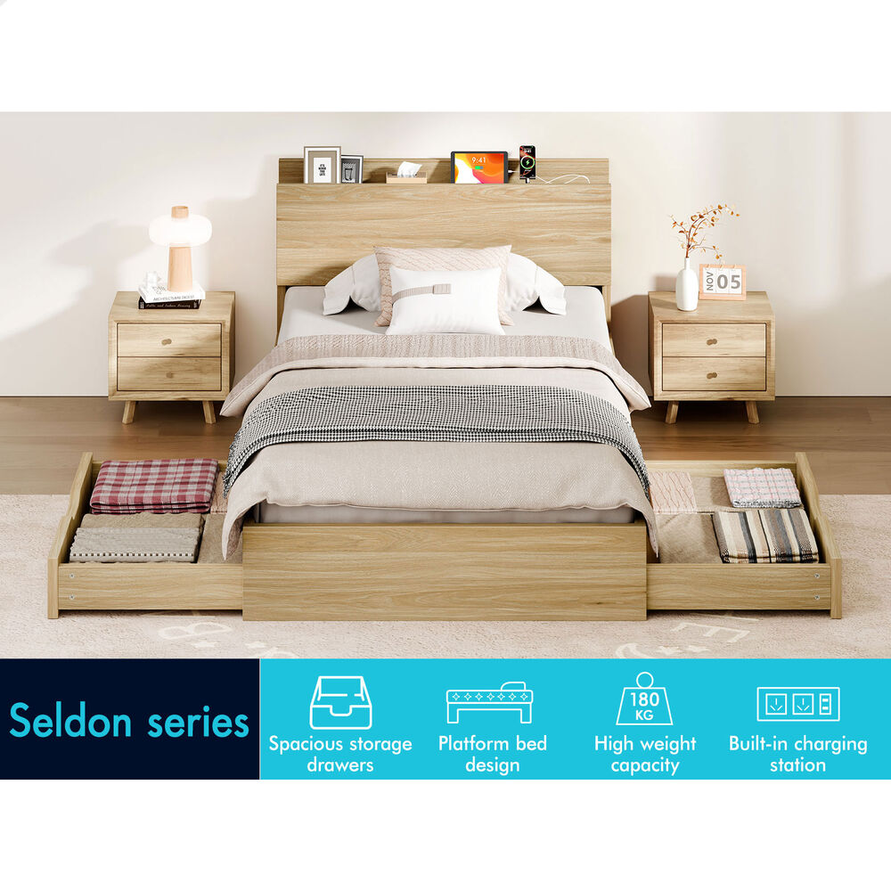 ALFORDSON Wooden Bed Frame Single Size with Charging Station & 2 Storage Drawers