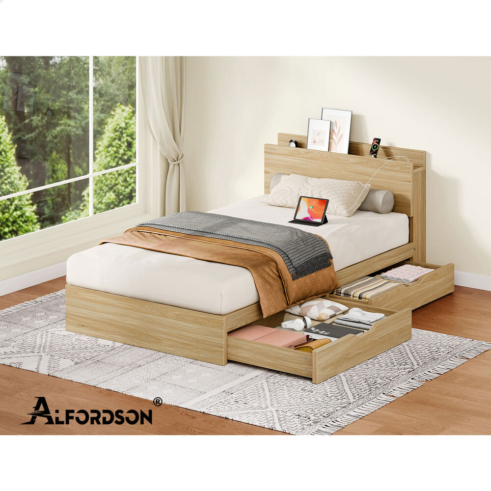 ALFORDSON Wooden Bed Frame Single Size with Charging Station & 2 Storage Drawers