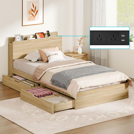ALFORDSON Wooden Bed Frame Single Size with Charging Station & 2 Storage Drawers