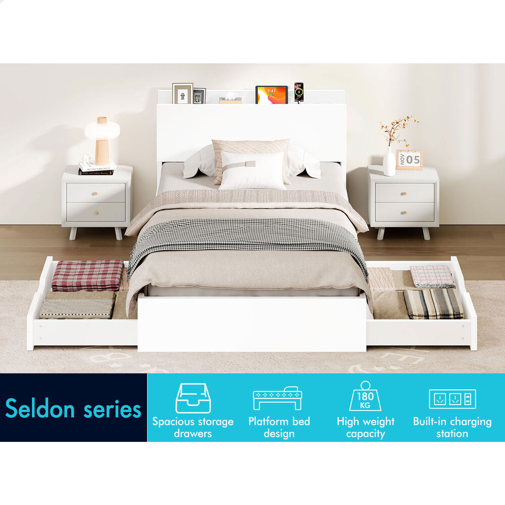 ALFORDSON Wooden Bed Frame Single Size with Charging Station & 2 Drawers White