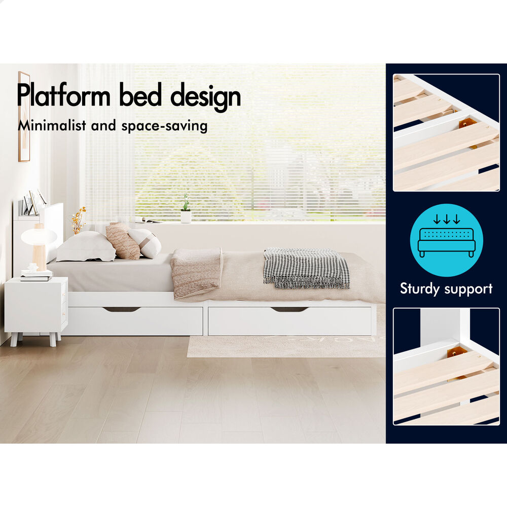 ALFORDSON Wooden Bed Frame Single Size with Charging Station & 2 Drawers White