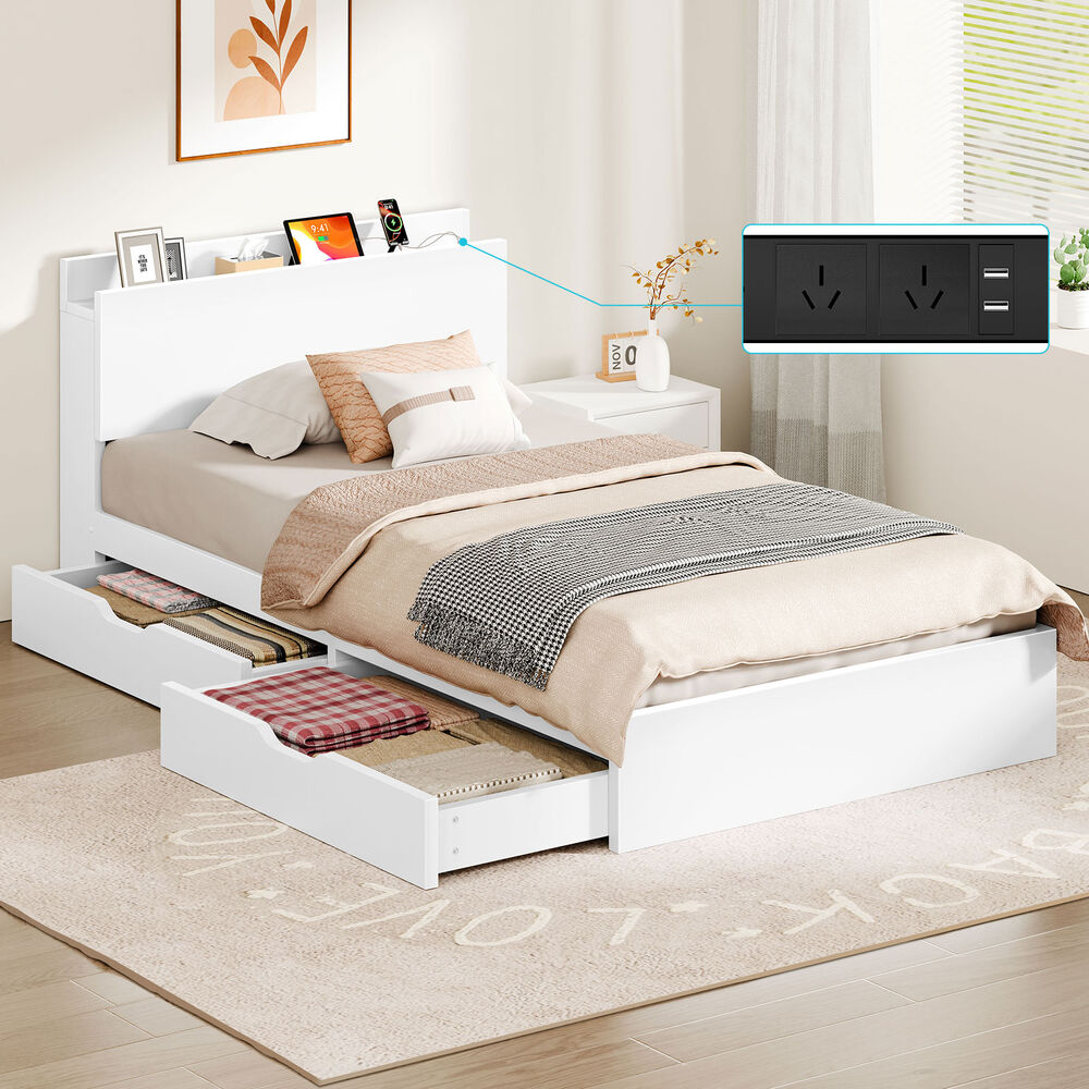 ALFORDSON Wooden Bed Frame Single Size with Charging Station & 2 Drawers White