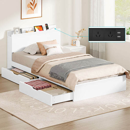 ALFORDSON Wooden Bed Frame Single Size with Charging Station & 2 Drawers White