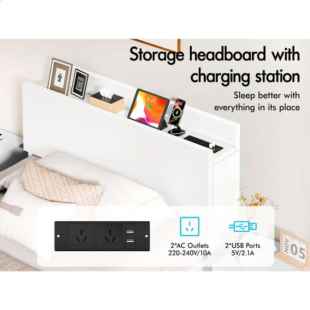 ALFORDSON Wooden Bed Frame Single Size with Charging Station & 2 Drawers White