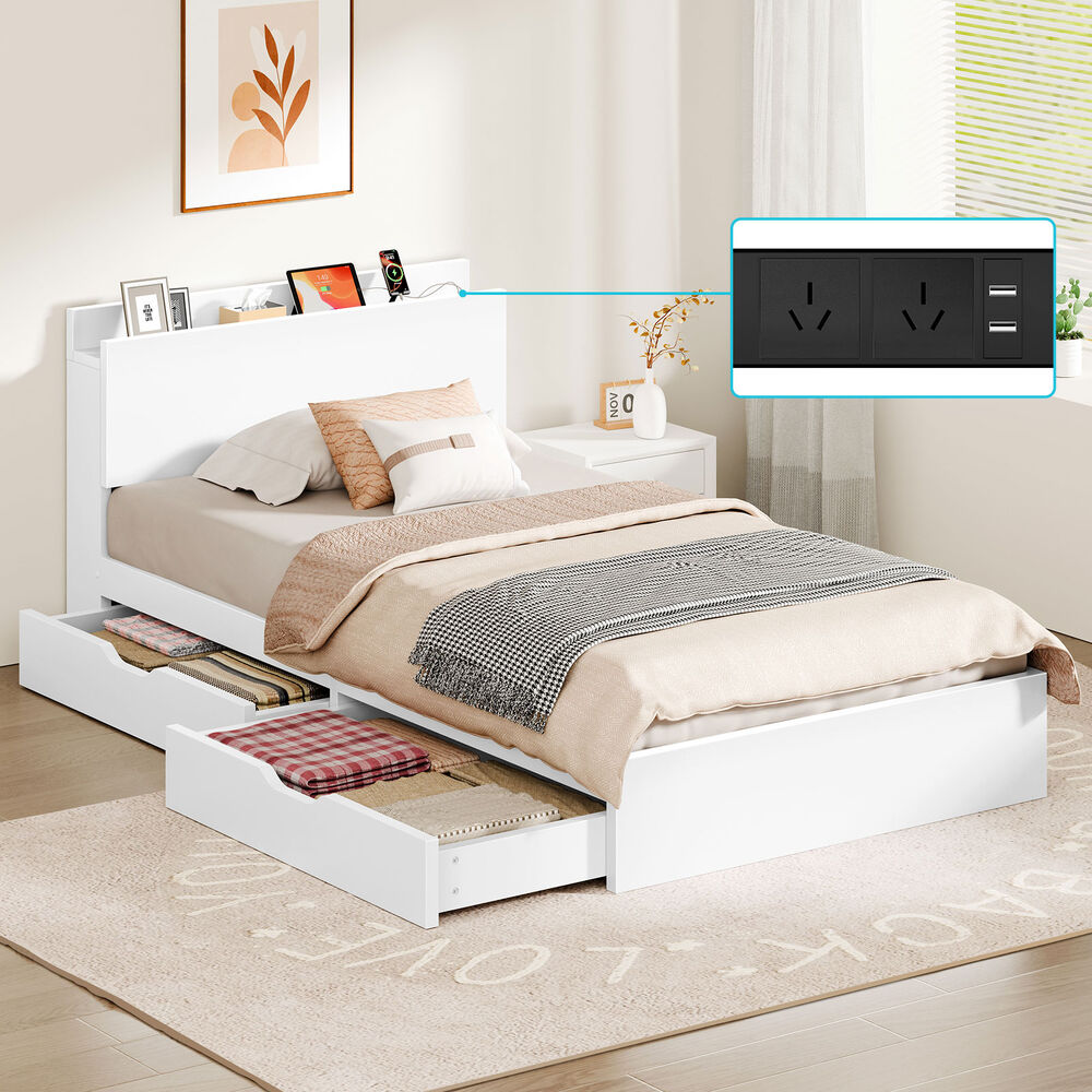 ALFORDSON Wooden Bed Frame Single Size with Charging Station & 2 Drawers White