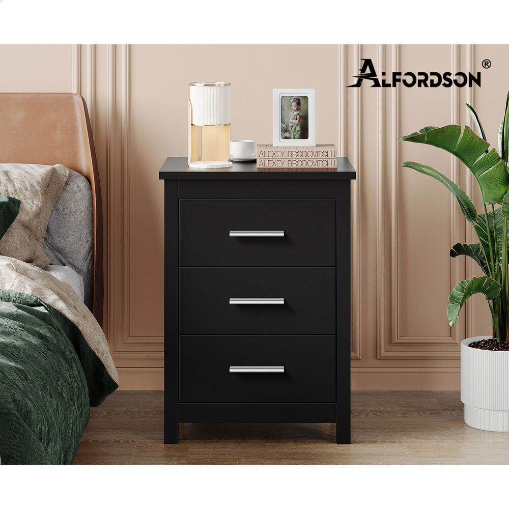 ALFORDSON 2x Bedside Table Hamo Nightstand Storage Side End 3 Drawers Black
