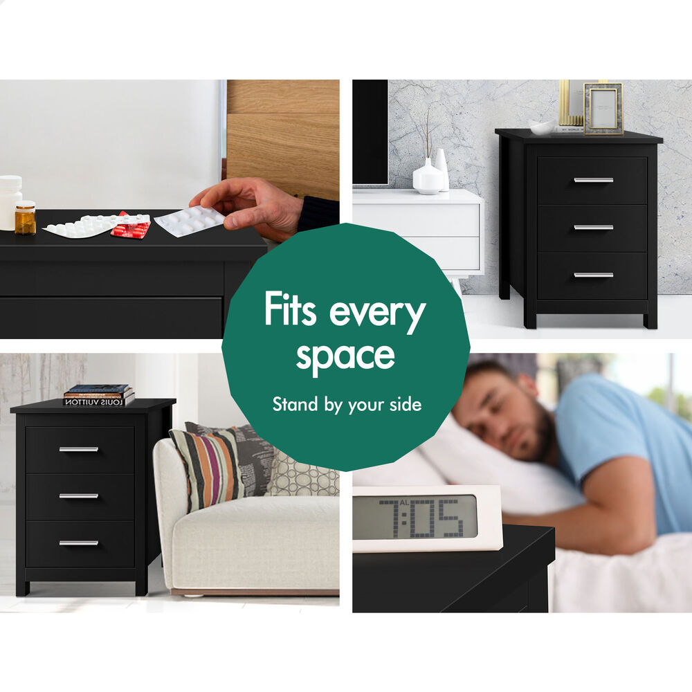 ALFORDSON 2x Bedside Table Hamo Nightstand Storage Side End 3 Drawers Black