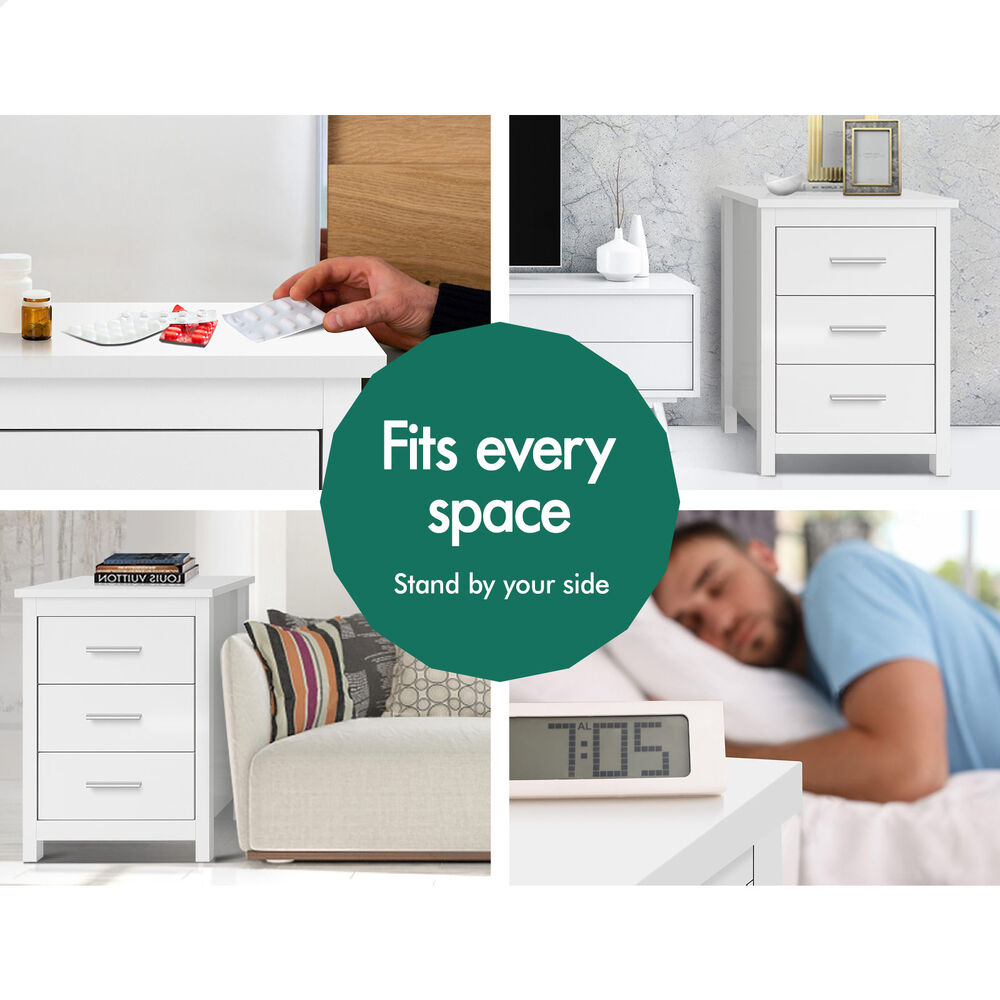 ALFORDSON 2x Bedside Table Hamo Nightstand Storage Side End 3 Drawers White