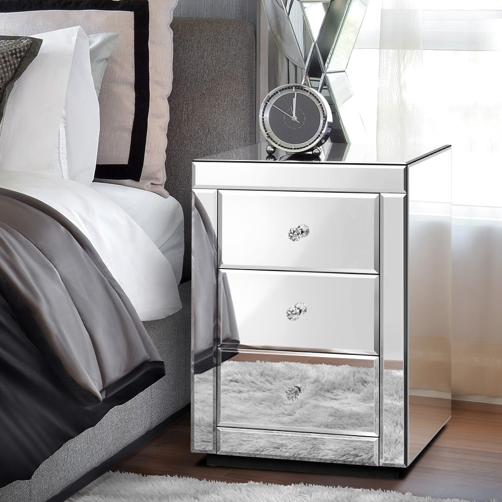 ALFORDSON Mirrored Bedside Table 3 Drawers Silver