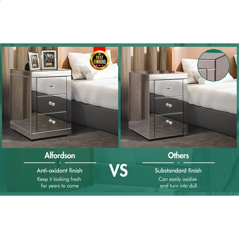 ALFORDSON Mirrored Bedside Table 3 Drawers Silver