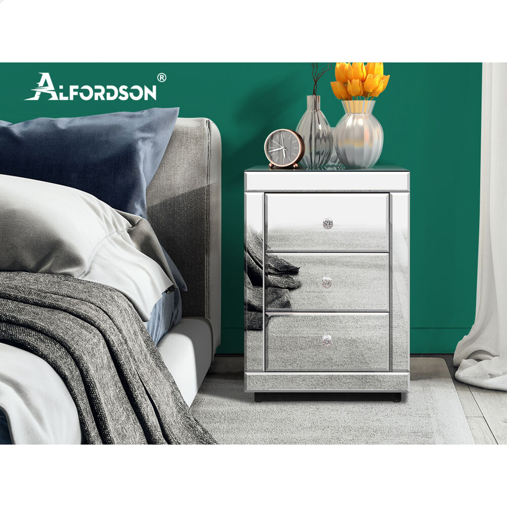ALFORDSON Mirrored Bedside Table 3 Drawers Silver