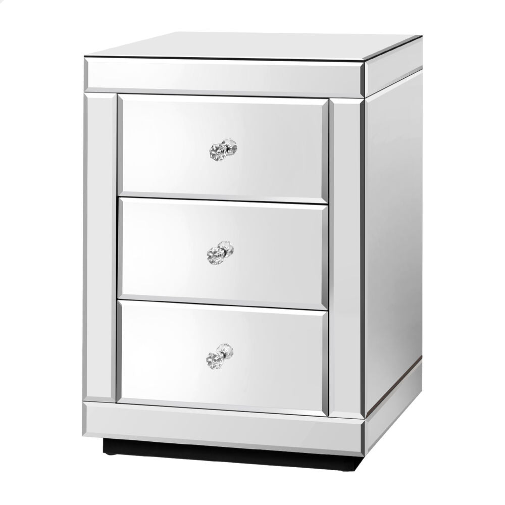 ALFORDSON Mirrored Bedside Table 3 Drawers Silver