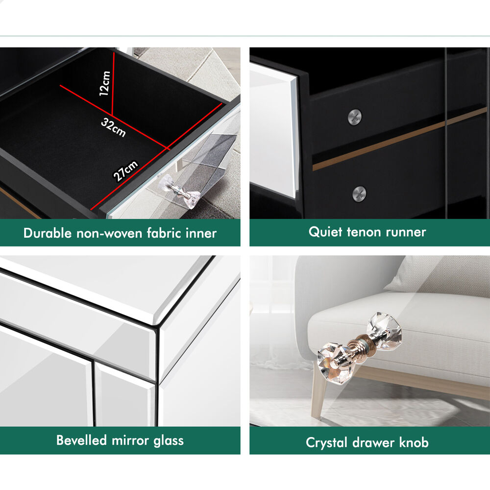 ALFORDSON Mirrored Bedside Table 3 Drawers Silver