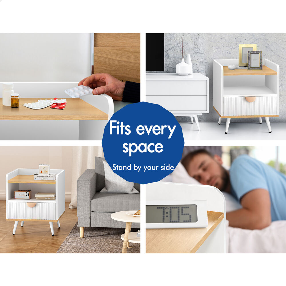 ALFORDSON 2× Bedside Table 1 Drawer Nightstand Side Storage Shelf Wood and White