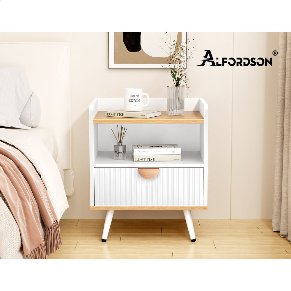 ALFORDSON 2× Bedside Table 1 Drawer Nightstand Side Storage Shelf Wood and White