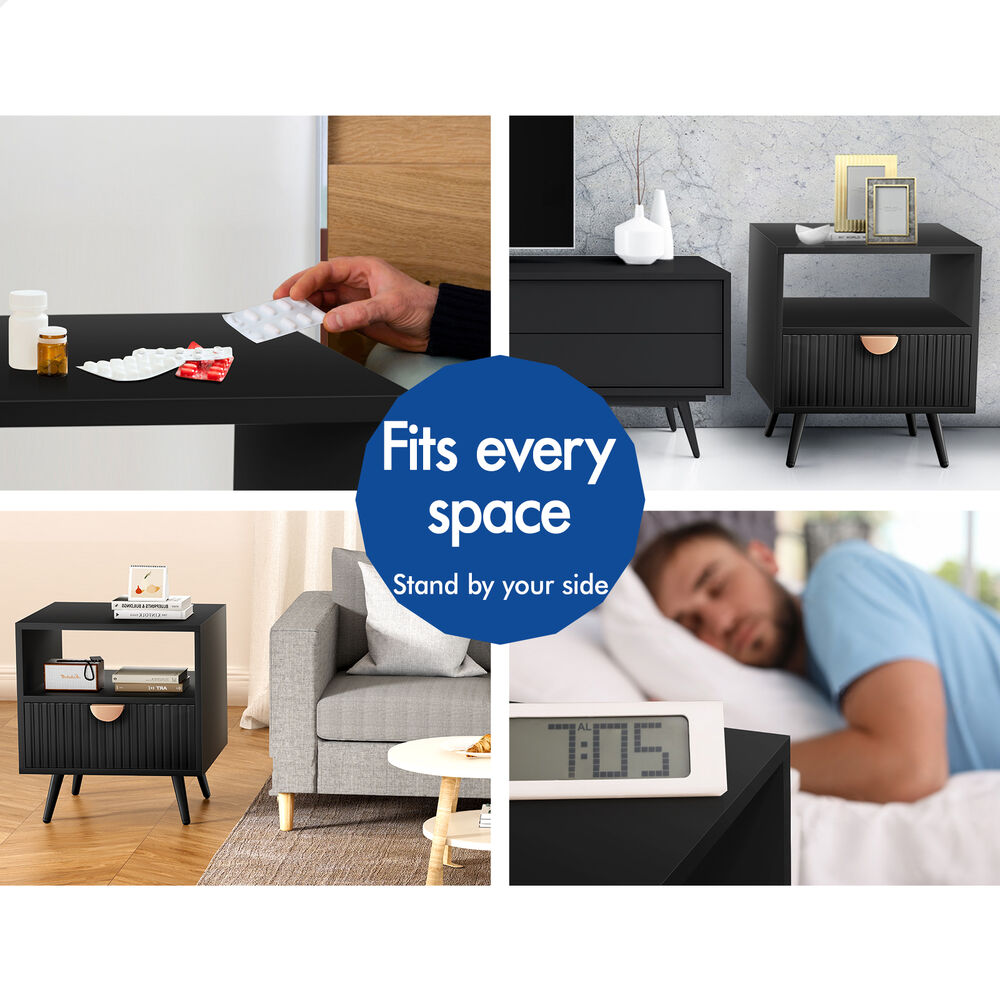 ALFORDSON 2x Bedside Table 1 Drawer Side Storage Shelf Nightstand Black