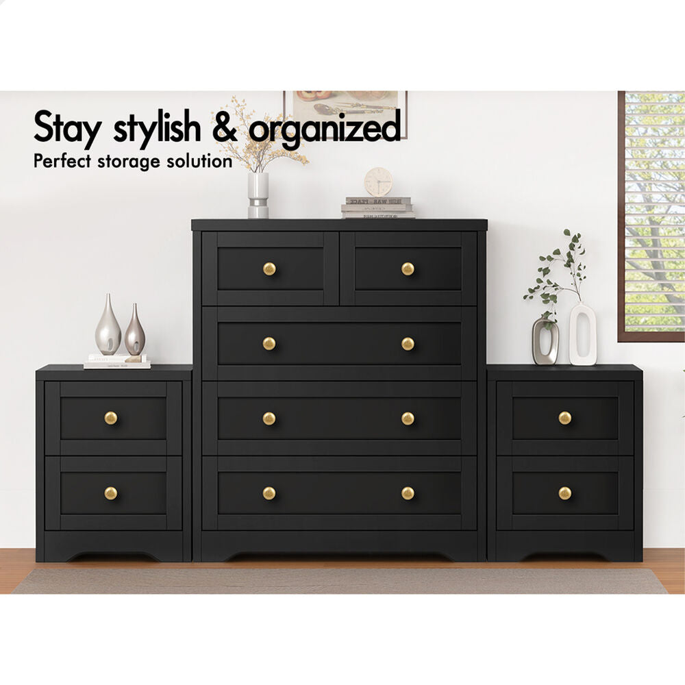 ALFORDSON 5 Chest of Drawers 2x Bedside Table Hamptons Bedroom Storage Black