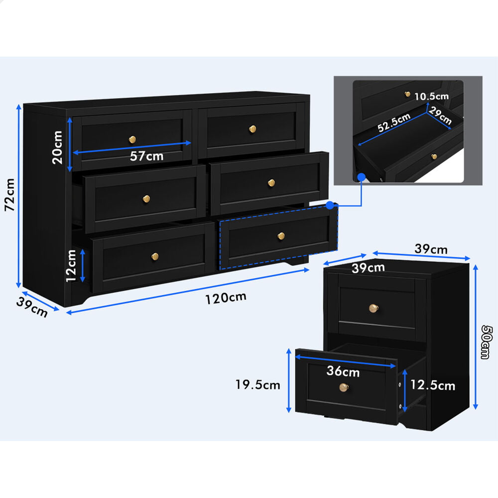 ALFORDSON 6 Chest of Drawers 2x Bedside Table Hamptons Bedroom Storage Black