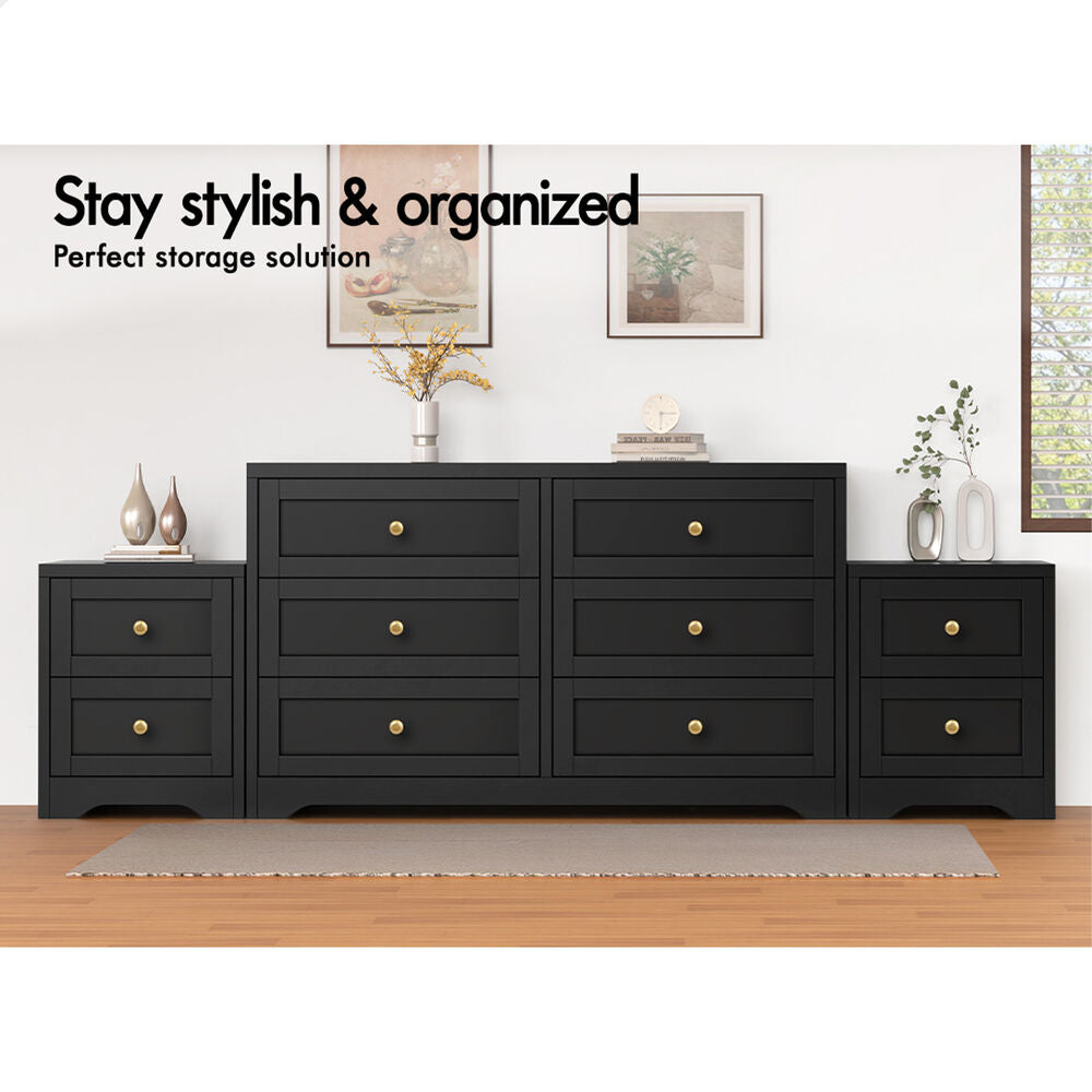 ALFORDSON 6 Chest of Drawers 2x Bedside Table Hamptons Bedroom Storage Black