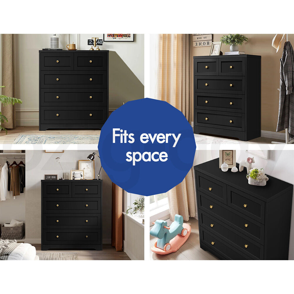 ALFORDSON 5 Chest of Drawers Bedside Table Hamptons Bedroom Storage Black