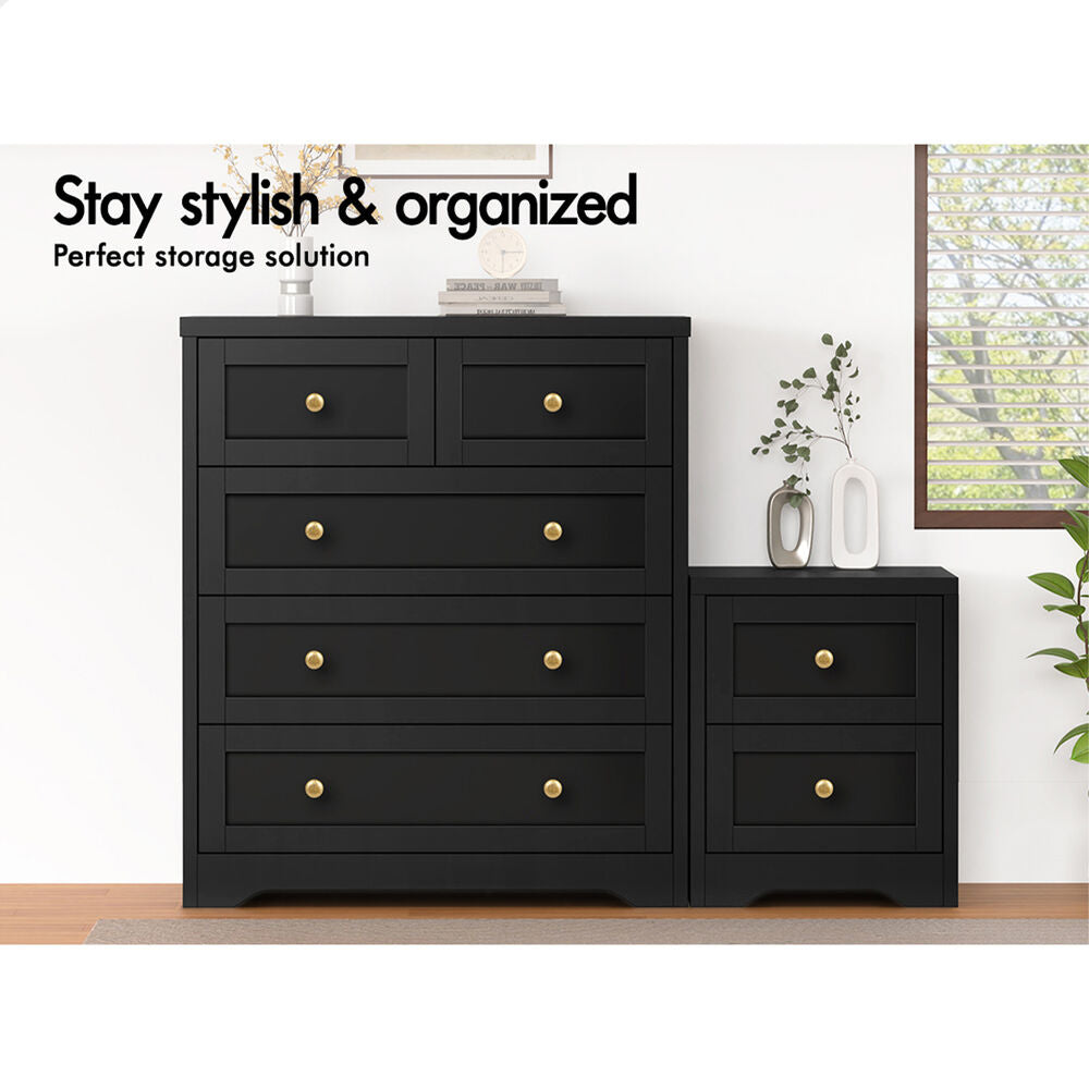 ALFORDSON 5 Chest of Drawers Bedside Table Hamptons Bedroom Storage Black