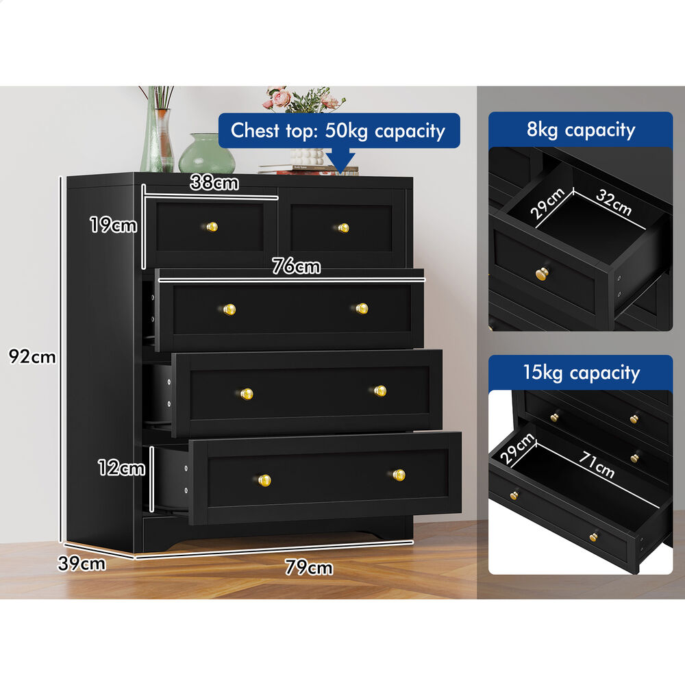 ALFORDSON 5 Chest of Drawers Hamptons Storage Cabinet Dresser Tallboy Black