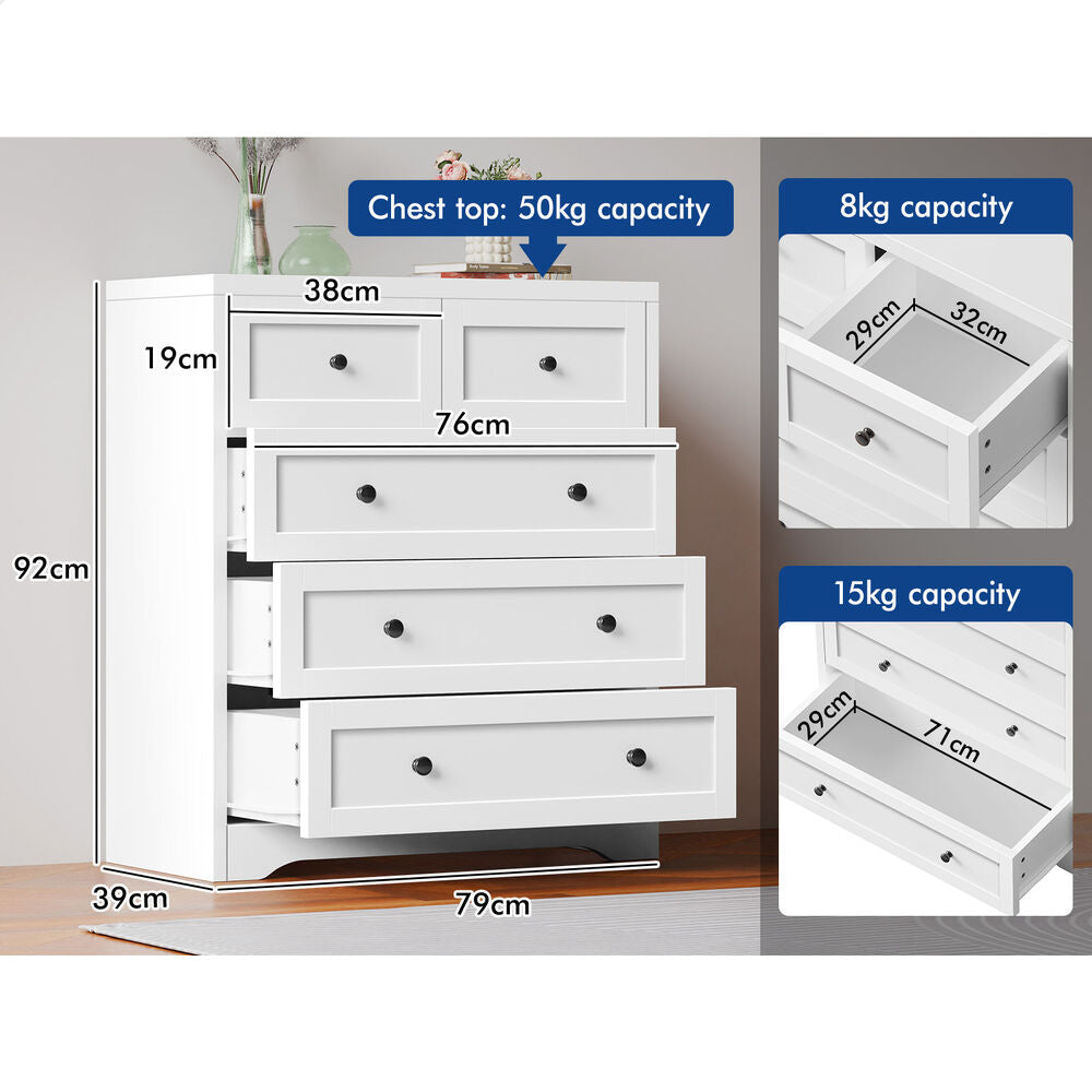 5 Chest of Drawers ALFORDSON Hamptons Storage Cabinet White