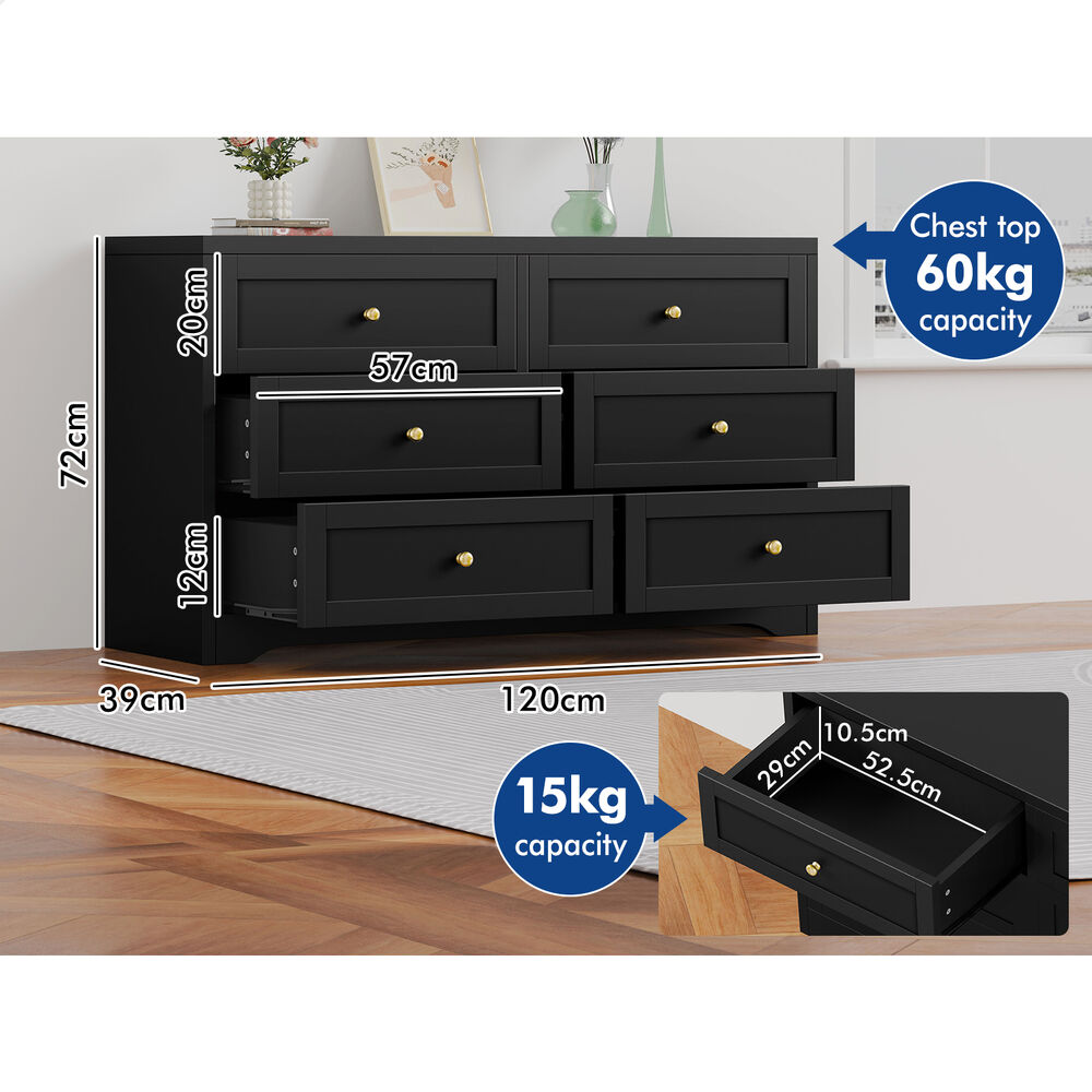 ALFORDSON 6 Chest of Drawers Hamptons Storage Cabinet Dresser Tallboy Black