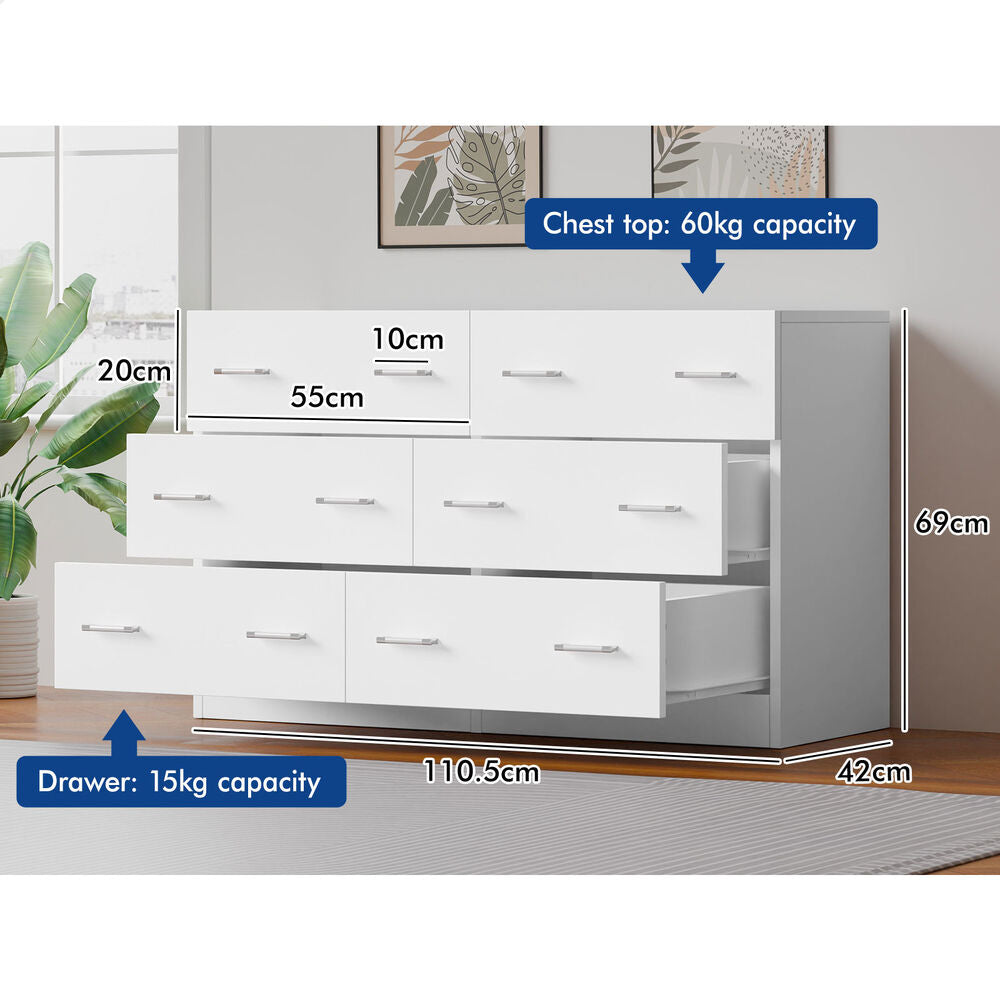 6 Chest of Drawers ALFORDSON Hamptons Storage Dresser White