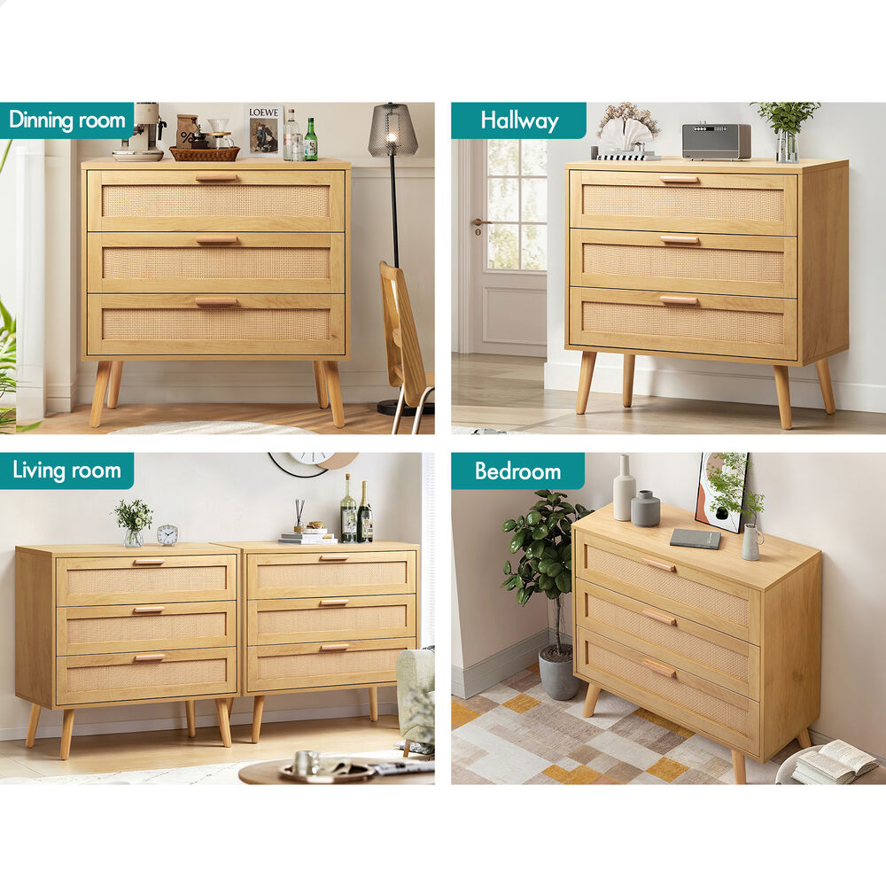 ALFORDSON 3 Chest of Drawers Storage Cabinet Rattan Dresser Tallboy Bedroom Oak