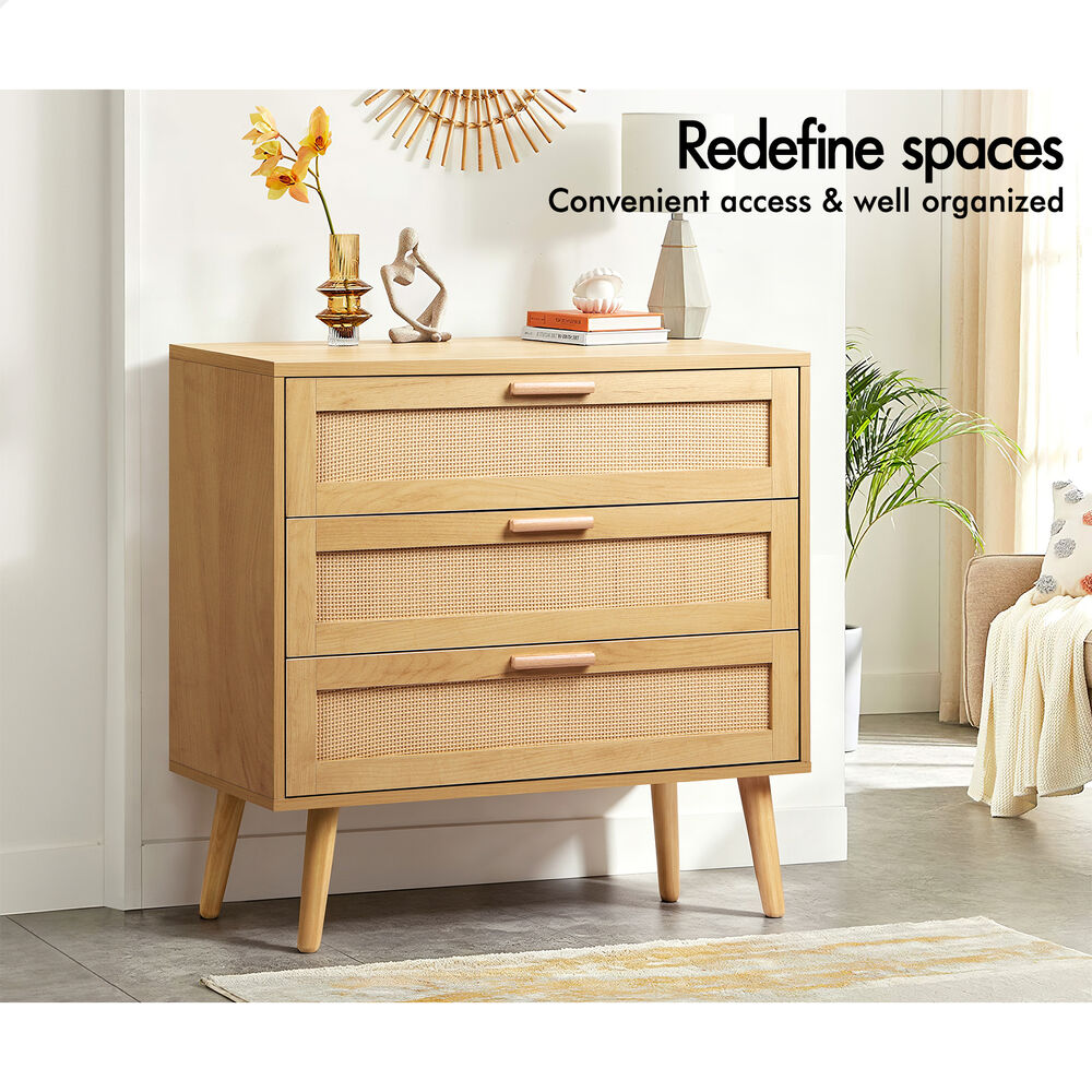 ALFORDSON 3 Chest of Drawers Storage Cabinet Rattan Dresser Tallboy Bedroom Oak